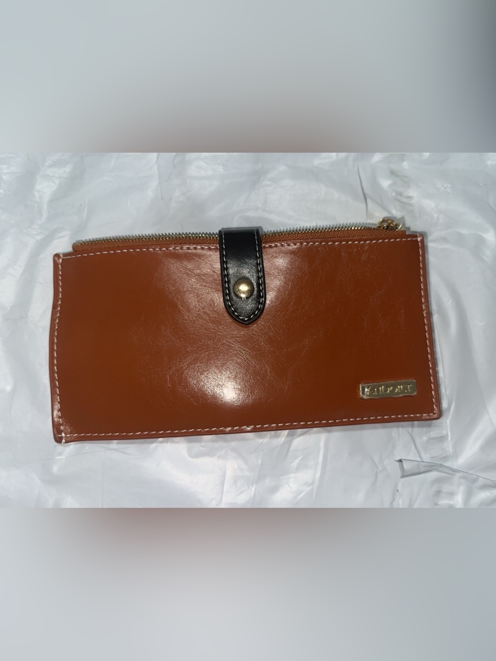 Brown Leather Zip Wallet with Black Snap Tab